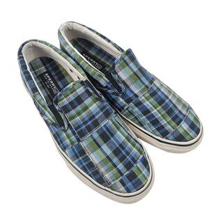 Sperry Top Sider Boat Shoes Mens Size 9.5 M Blue Green Plaid Slip-On Canvas